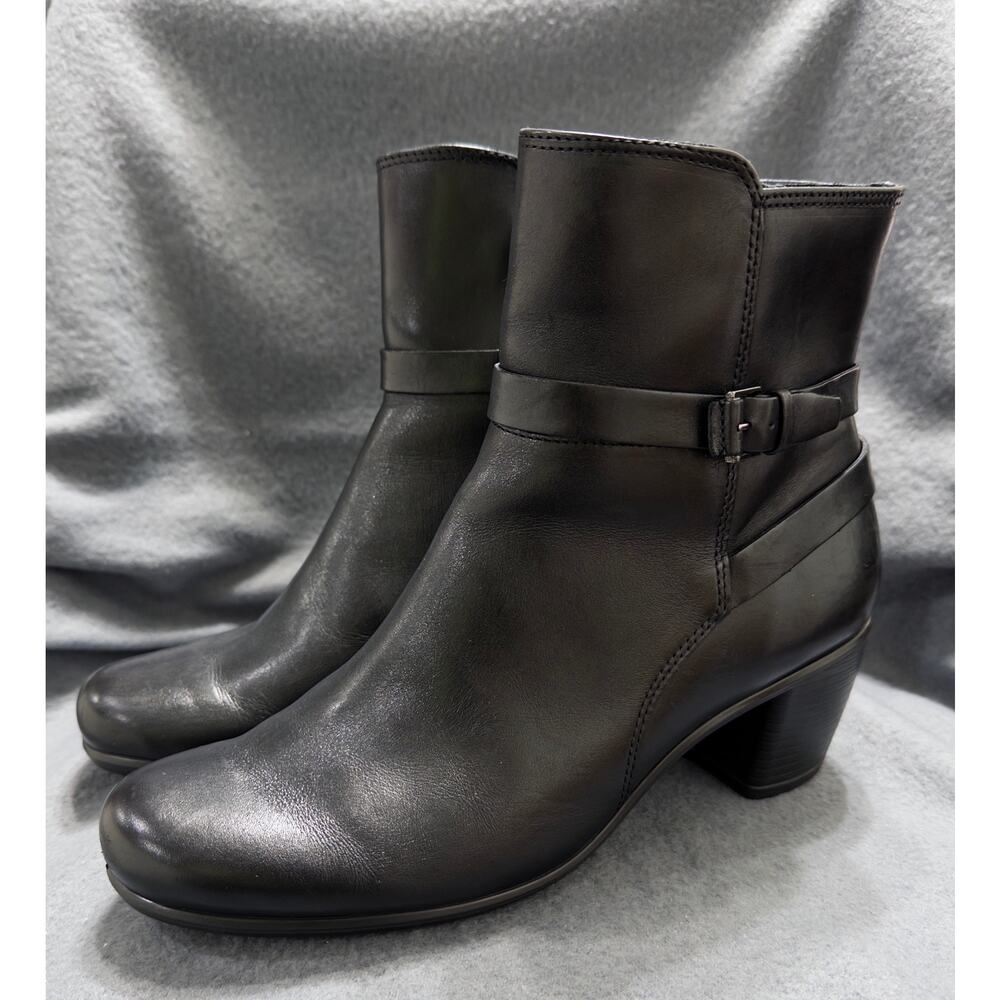 ECCO black leather‎ ankle boots women's sz 9 (40) side zip block heel comfort